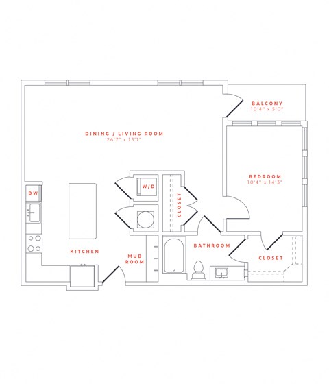 Floor plan for 1 bed, 1 bath, 917 sqft